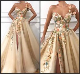 2019 New One Shoulder Tulle A Line Long Prom Dresses 3D Floral Lace Applique Beaded Split Floor Length Formal Party Evening Dresses