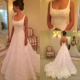 New White Temperament Wedding Dresses Mopping Long Section Spaghetti A Line Square Neck Lace Embroidery Tiered Skirts Wedding Gowns