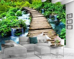 Custom 3d Landscape Wallpaper Beautiful Landscape Waterfall Wooden Boardwalk Custom Interior Decoration Silk Mural Wallpaper