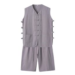 Summer Thin Cotton and Linen Two-piece Set Buckle Vest Tops and Shorts Men Women - Traditional Tang Suit Horse Gown Martial Arts Clothing