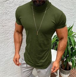Летняя футболка с высоким воротником, сплошной цвет, футболка, мужская мода, с коротким рукавом, дуговой крой, приталенный армейский зеленый, белая мужская футболка