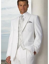 New Custom Made Two Buttons White Groom Tuxedos Peak Lapel Groomsmen Blazer Men Business Suits (Jacket+Pants+Vest+Tie) 004
