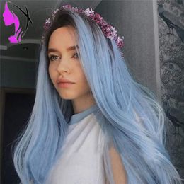 Long Ombre Sky light blue Wig Body wave Synthetic Lace Front Wig for Women Heat Resistant Wigs