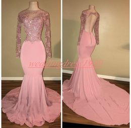 Trendy Mermaid Lace Long Sleeve Prom Dresses Illusion Hollow Back African Pageant Robe De Soiree Evening Gowns Celebrity Special Occasion