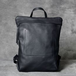 Designer-Luxury genuine leather minimalist men's backpack casual simple soft first layer cowhide women's travel black backpack bookbag