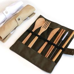 Natural Bamboo Dinnerware Sets Travel Cutlery Kit Knife Fork Spoon Straw and Cleaning Brush Camping Office Lunch cutlery sets with bags