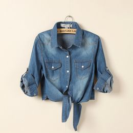 LHQ Giacca di jeans a maniche lunghe con nodo a cravatta per donna Cappotti da donna alla moda casual blu Capispalla femminile Denim femminile