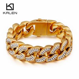 Dubai Gold Stainless Steel 23cm Curban Link Chain Bracelets For Men Cubic Zirconia 20mm Width Chunky Heavy Chain Jewellery