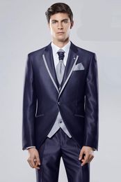 Handsome Satin Wedding Tuxedos 2019 Navy Notched Lapel Groom Wear Prom Party Formal Blazer Suits (Jacket+Pants)