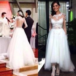 Romantic A Line Lace Wedding Dresses Sheer Neck Long Sleeves Sexy Hi Lo Tull Appliques Wedding Bridal Gown