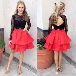 2 Pieces Black and Red Homecoming Dresses Long Sleeve Lace Top Tiered Skirt Short Prom Dress Party Gown vestido curto Custom Size