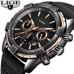 2019 Watch Lige Mens Watches Top Brand Luxury Men Casual Leather Waterproof Chronograph Men Sport Quartz Clock Relogio Masculino Y19051503