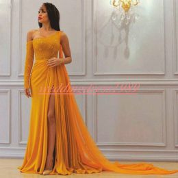 Perfect Yellow Long Sleeve Lace Evening Dresses 2019 Split One Shoulder Sexy Celebrity Pageant Gowns Plus Size Formal Party Prom Dress