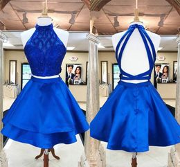 Chic Royal Blue High Collar Short Prom Dresses 2022 Beaded Crystal Two Layers A-line 2 Piece Homecoming Dress Graduation Bridesmaid Gowns