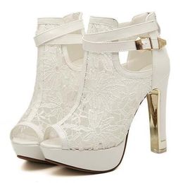 Hot Sale Sexy White Black Lace Hollow Out Peep Toe Ankle Boots Buckle Metal Heels Breathable Chic Wedding Shoes 2 Colours Size EU 34 To 39