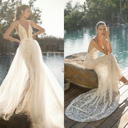 Julie Vino Mermaid Wedding Dresses with Tulle Overskirt Spaghetti Straps Lace Bridal Gowns 2020 Illusion vestido de novia