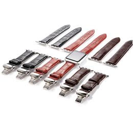 crocodile pattern genuine calf leather band strap replacement butterfly buckle with adapter for apple watch S1/S2/S3/S4 38mm 42mm 40mm 44mm
