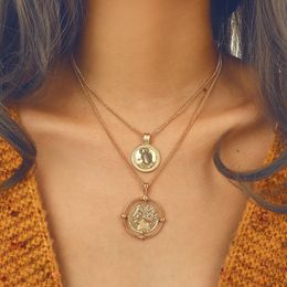 round face necklace NZ - Hot Fashion Jewelry Irregular Round Face Necklace Gold Double Chain Head Pendant Multilayer Necklaces S298