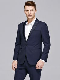 Navy Blue Groom Tuxedos Navy Lapel Groomsman Wedding 2 Piece Suit Fashion Men Business Prom Party Jacket Blazer(Jacket+Pants)