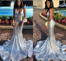 Sparkly Black Girls Sequined Prom Dresses 2K19 Sexy Low Back Sweep Strain Formal Mermaid Evening Gowns Vestidos Party Dress Deep V Neck