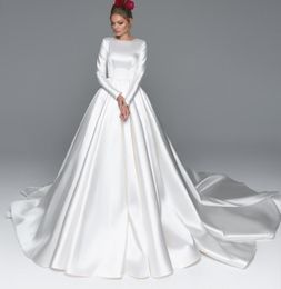 2019 New A-line Satin Modest Wedding Dresses With Long Sleeves Simple Elegant Women Temple Bridal Gowns Religious Wedding Gown
