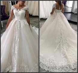 Dubai Arabic Sheer Neck Long Sleeves A Line Wedding Dresses Lace Appliqued Court Train Wedding Dress Bridal Gowns Vestido De Novia