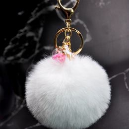 2019 New Cute Animal Unicorn Keychain Women Faux Rabbit Fur Ball Keyring Star Glass Charm Key Chain Bag Pendant