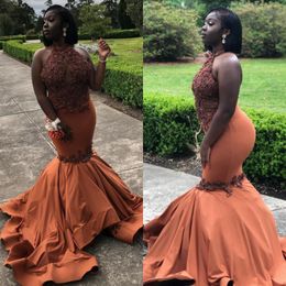 Dust Orange Beaded Mermaid Prom Dresses Halter Keyhole Neck Sequined Evening Gowns Plus Size Sweep Train Sequined Formal Dress