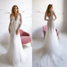2020 Mermaid Wedding Dresses Sexy Illusion Appliqued Beaded V-neck Long Sleeves Sweep Train Bridal Gowns Ruched Custom Made Robes De Mariée