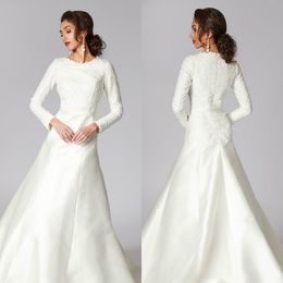 A Line Wedding Dresses Jewel Neck Long Sleeve Appliques Satin Plus Size Wedding Dress Sweep Train Robes De Mariée