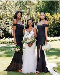 Black Girl African Mermaid Beach Bridesmaid Dresses Sexy Straps Off Shoulder Cheap Paty Prom Dresses Front Split Formal Gown Plus Size