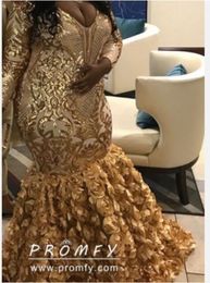 African Plus Size Evening Dresses V Neck Appliques Rose Flowers Mermaid Prom Dress Long Sleeves Party Dress