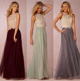 2019 New Trends Two Pieces Bridesmaid Dresses Lace Bodice Tulle Skirt Burgundy Grey Mint Sheer Crew Neck Full Length Elegant Prom Dresses