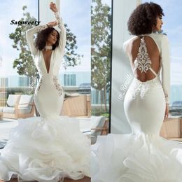 Arabic Bridal Gowns Long Sleeves Mermaid Wedding Dresses Deep V Neck Sexy Hollow Back Lace Satin Beach