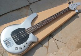 Factory wholesale 4 strings metallic silver electric bass with 2 pickups,active circuit,rosewood fretboard,black pickguard