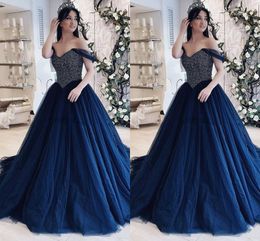 Navy Blue Off The Shoulder Ball Gown Prom Dresses Long 2020 Beaded Draped Tulle Open Back Quinceanera Dress For Sweet 16 Girls Party Pageant