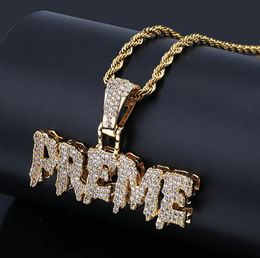14K Gold Plated Hip Hop Letter PREME Pendant Necklace Mens Micro Pave Cubic Zirconia Simulated Diamonds with 24inch Rope chain