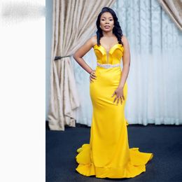 Elegant Yellow Mermaid Prom Dresses Long For Women 2020 Court Train Tiered Ruffles V Neck Sleeveless Fishtail Party Dress Gown