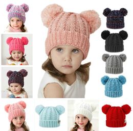 Cute Kid Knit Crochet Beanies Hat Girls Soft Double Balls Winter Warm Hat 13 Colors Outdoor Baby Pompom Ski Caps Free Shpping