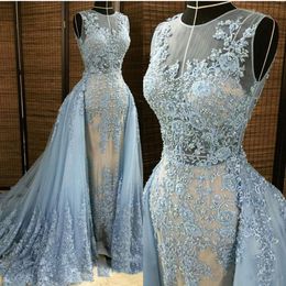 2018 Fashion Appliqued Beaded Mermaid Evening Dresses with Detachable Train Cheap Sheer Neck Elie Saab Arabic Prom Formal Gowns