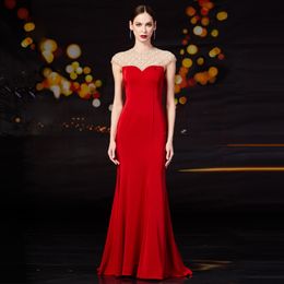 New Arrival Mermaid Evening Dress Sheer Neck with Beading Sequins Sweep Train Prom Gowns Open Back