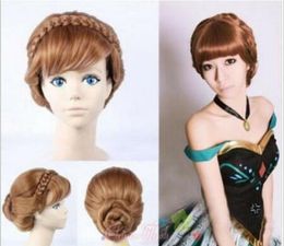 free shipping Charming new beautiful Hot Quality sell New Adult Children Frozen Anna Coronation Brown Wig Braid Full Cosplay Wigs