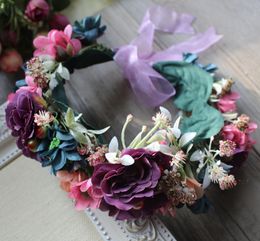 Girls Simulation Flowers Garlands Flower Crown Wreath Bridal Wedding Princess Hairbands Women Seaside Photography Hair Accessories S235