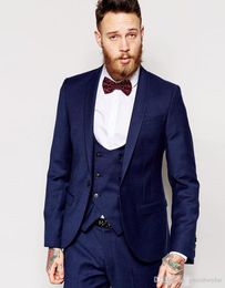 New Popular Navy Blue Groom Tuxedos Shawl Lapel Groomsmen Mens Wedding Dress Fashion Man Jacket Blazer 3 Piece Suit(Jacket+Pants+Vest+Tie)6