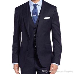 Fashionable Groom Tuxedos Navy Blue Notch Lapel Men Wedding Dress Blazer Dinner Party Business Suits (Jacket+Pants+Vest+Tie) J786