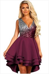 Women Ombre Sequin Multi Layer Skater Dress Evening Shiny Sexy Deep V-Neck Charm Chic Luxe Satin Cascading Ruffle Ladies Outwear DLM221075