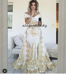 -Luxuriöse Meerjungfrau 2019 Arabisch Abendkleider Schatz gold Spitze Stickerei puffy Rock Satin Prom Kleider mit abnehmbarem Zug