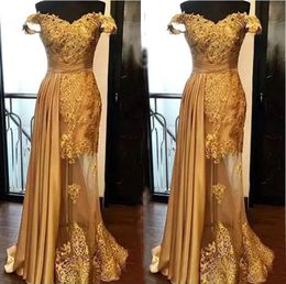Gold Sheath Lace Evening Dresses 2020 Prom Dress Ruched Floor Length Illusion Formal Party Gowns Plus Size See Through Maxi Dress