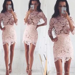2019 Fashion Pink Lace Sheath Cocktail Dress Vintage High Neck 3/4 Sleeves Formal Holiday Club Homecoming Party Dress Plus Size Custom Make