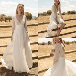 2020 Modest Rembo Styling Bohemian V Neck 3/4 Long Sleeve Backless Wedding Dresses Lace Tulle Wedding Gown Sweep Train robe de mariée